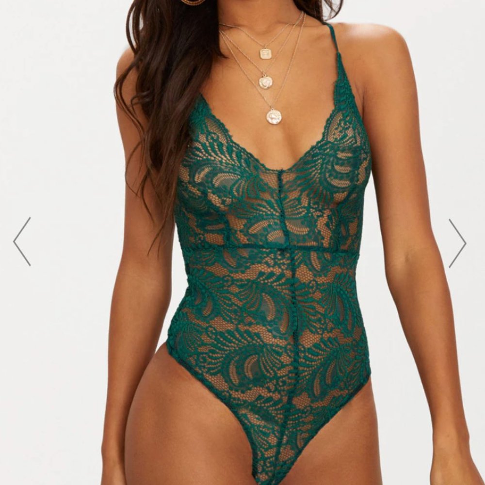 Pretty Little Thing dark green sheer lace cross back bodysuit